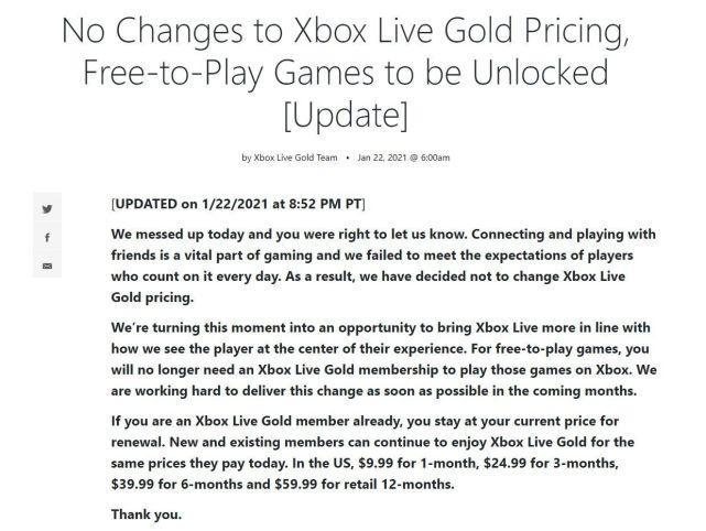 Xbox 金会员价格的上涨，在抗议后逆转，免费游戏无需会员