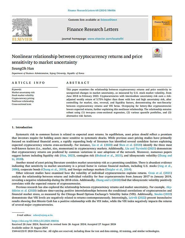 加密货币回报与市场不确定性价格敏感性的