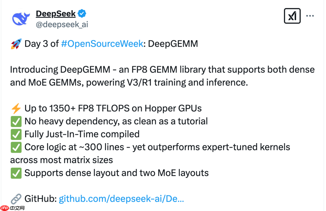 DeepSeek 开源周第三弹：DeepGEMM —— 高效的 FP8 GEMM 库，核心代码仅 300 行！