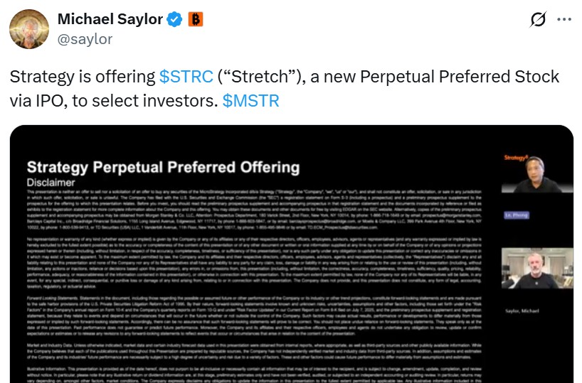 Strategy公司推出锚定100美元的比特币(BTC)股票以增加公司储备