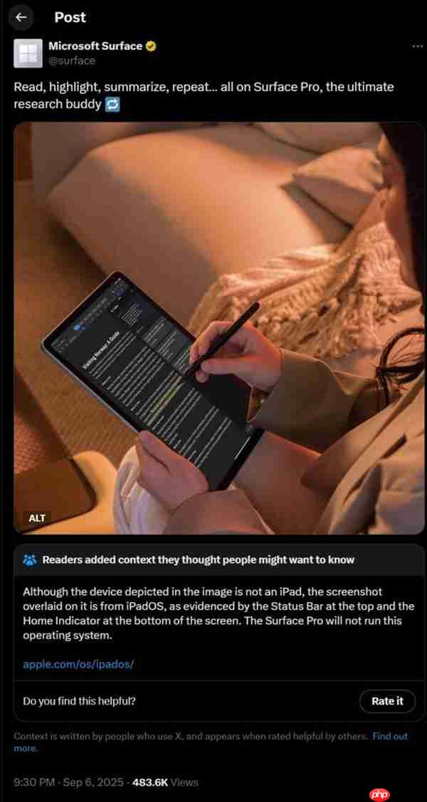 Surface Pro广告使用的却是iPadOS截图！微软将近一天后删除