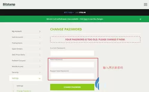 Bitstamp密码修改页面示意