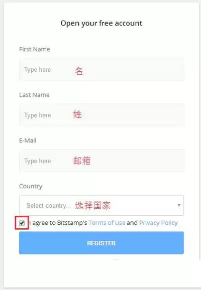 Bitstamp注册表单填写示意