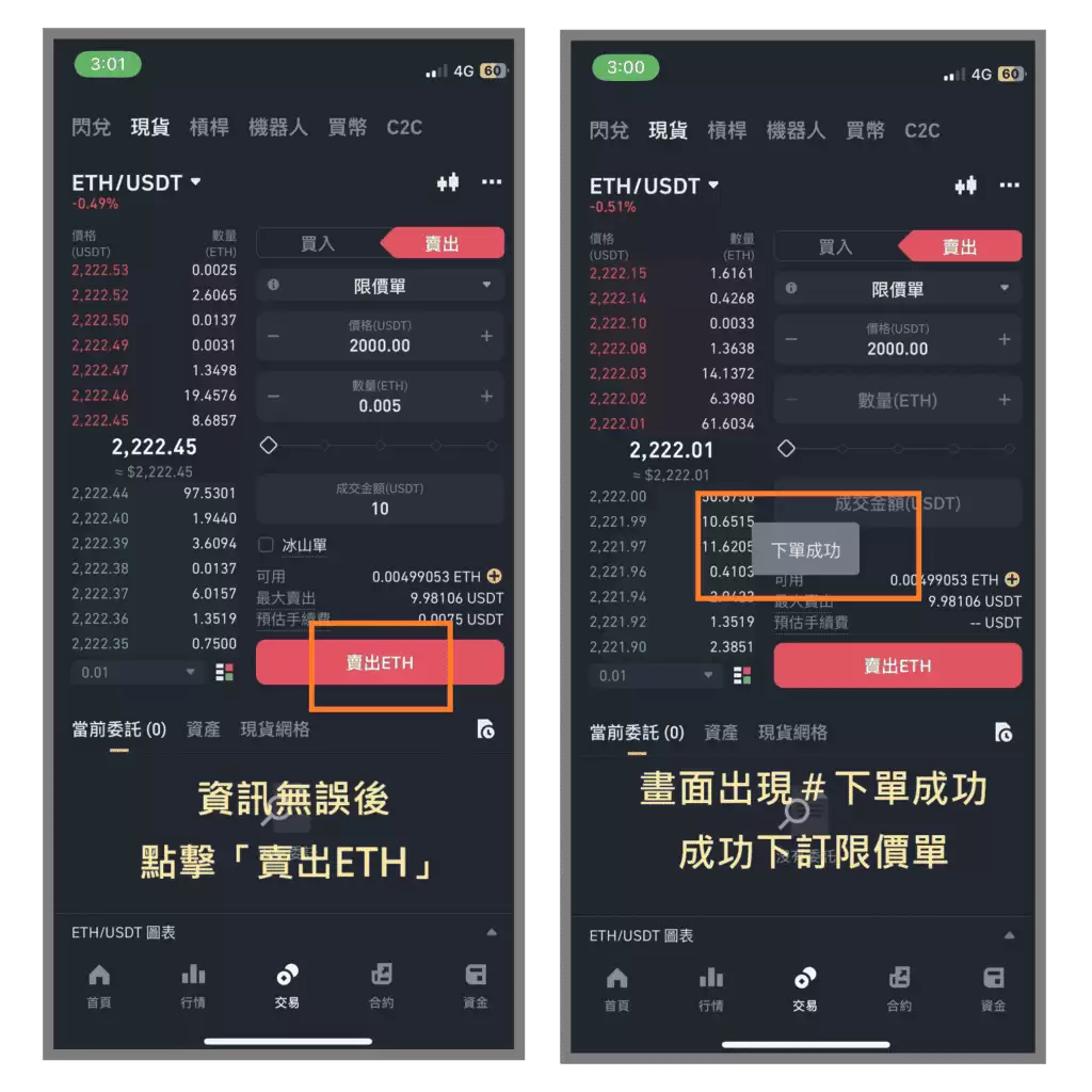 币安现货市场如何出售以太坊:限价单、市价单、止盈止损单、追踪止损单、OCO单教学
