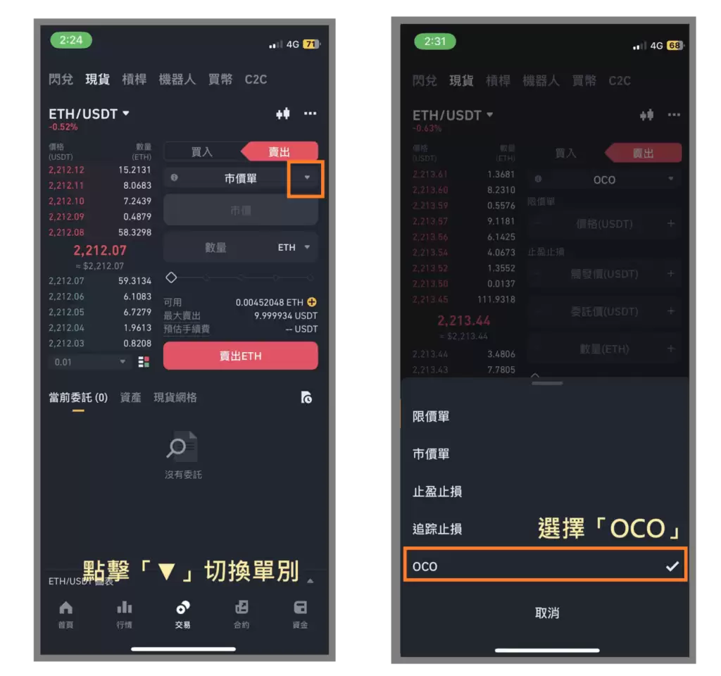 币安现货市场如何出售以太坊:限价单、市价单、止盈止损单、追踪止损单、OCO单教学