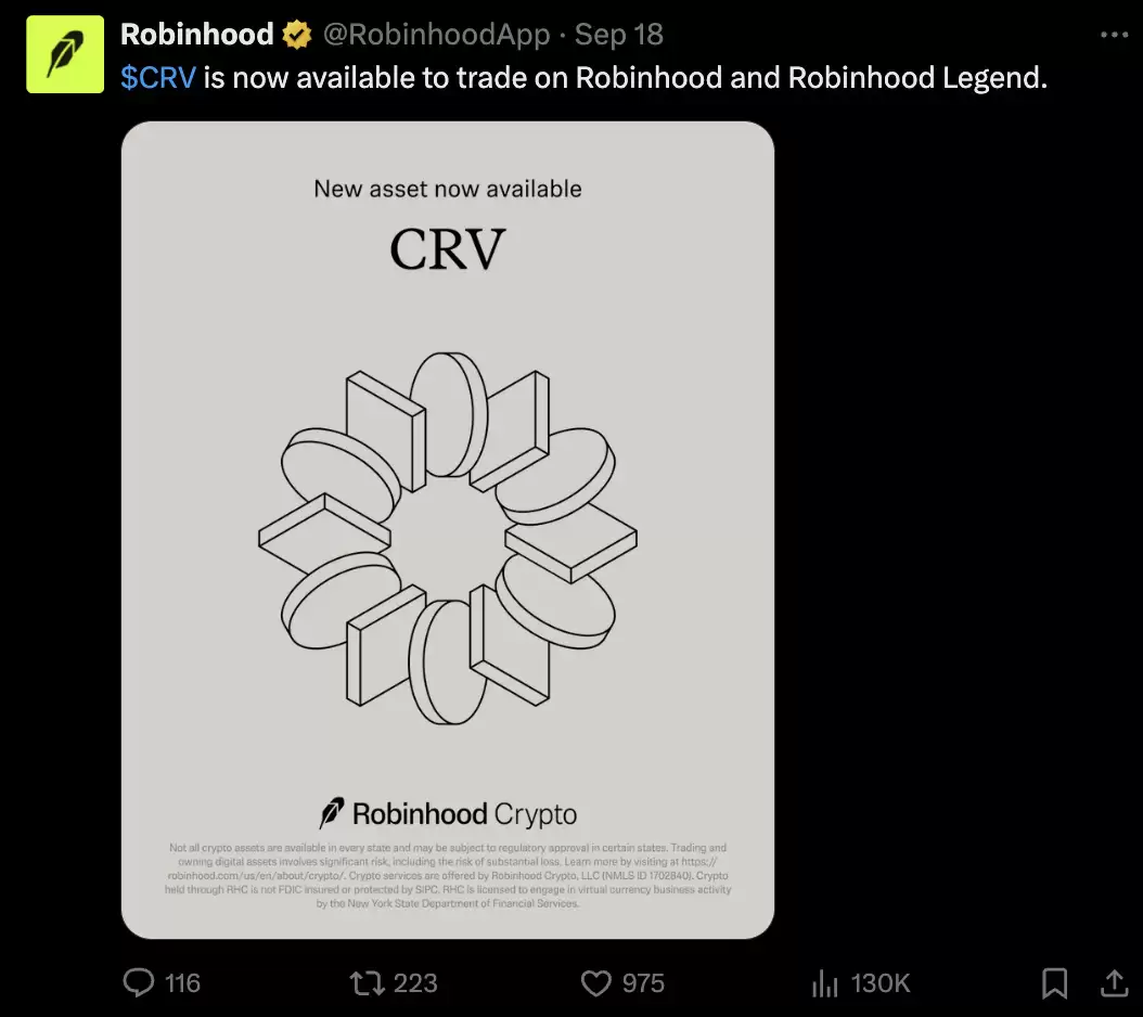 Curve DAO(CRV)币在Robinhood上市:治理提案后价格上涨,能突破1美元吗？