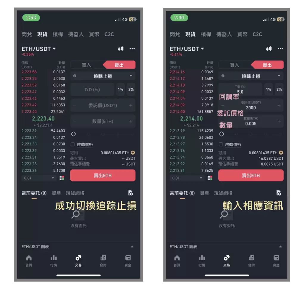 币安现货市场如何出售以太坊:限价单、市价单、止盈止损单、追踪止损单、OCO单教学