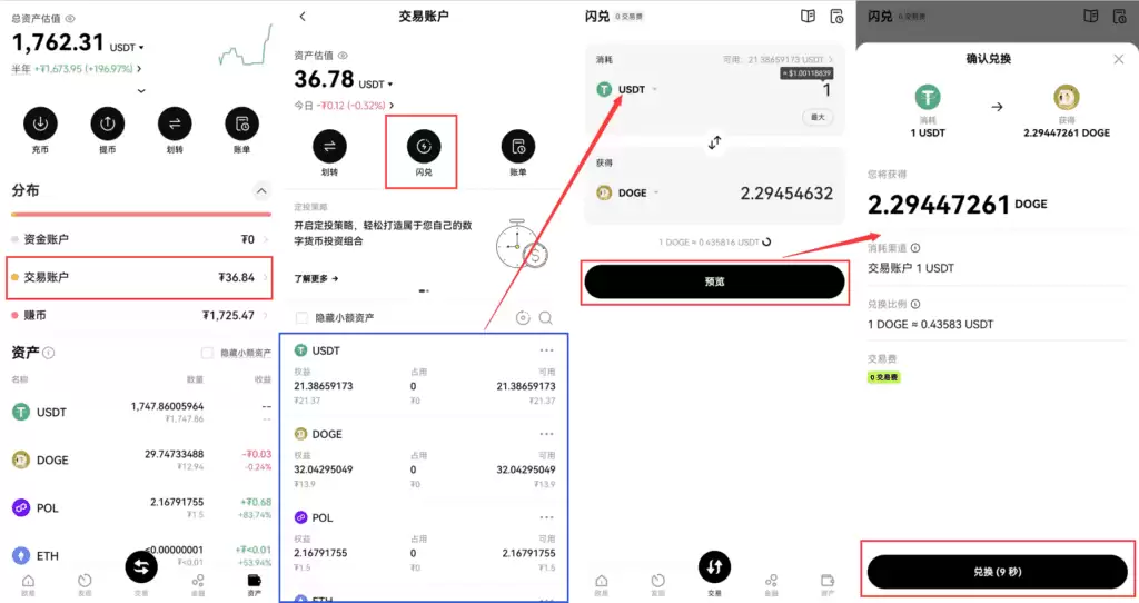 欧易交易所USDT现货交易购买、兑换狗狗币或其他币种操作教程