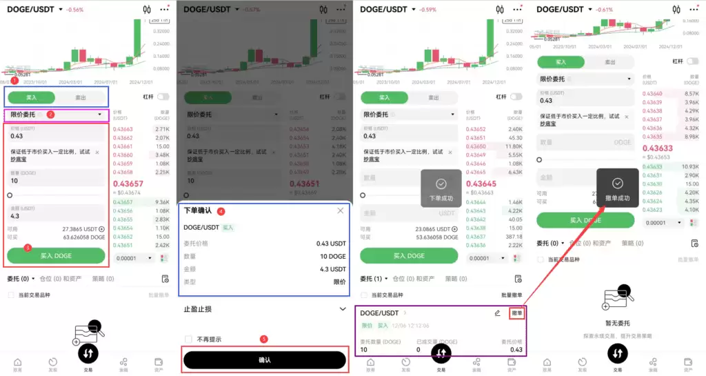 欧易交易所USDT现货交易购买、兑换狗狗币或其他币种操作教程