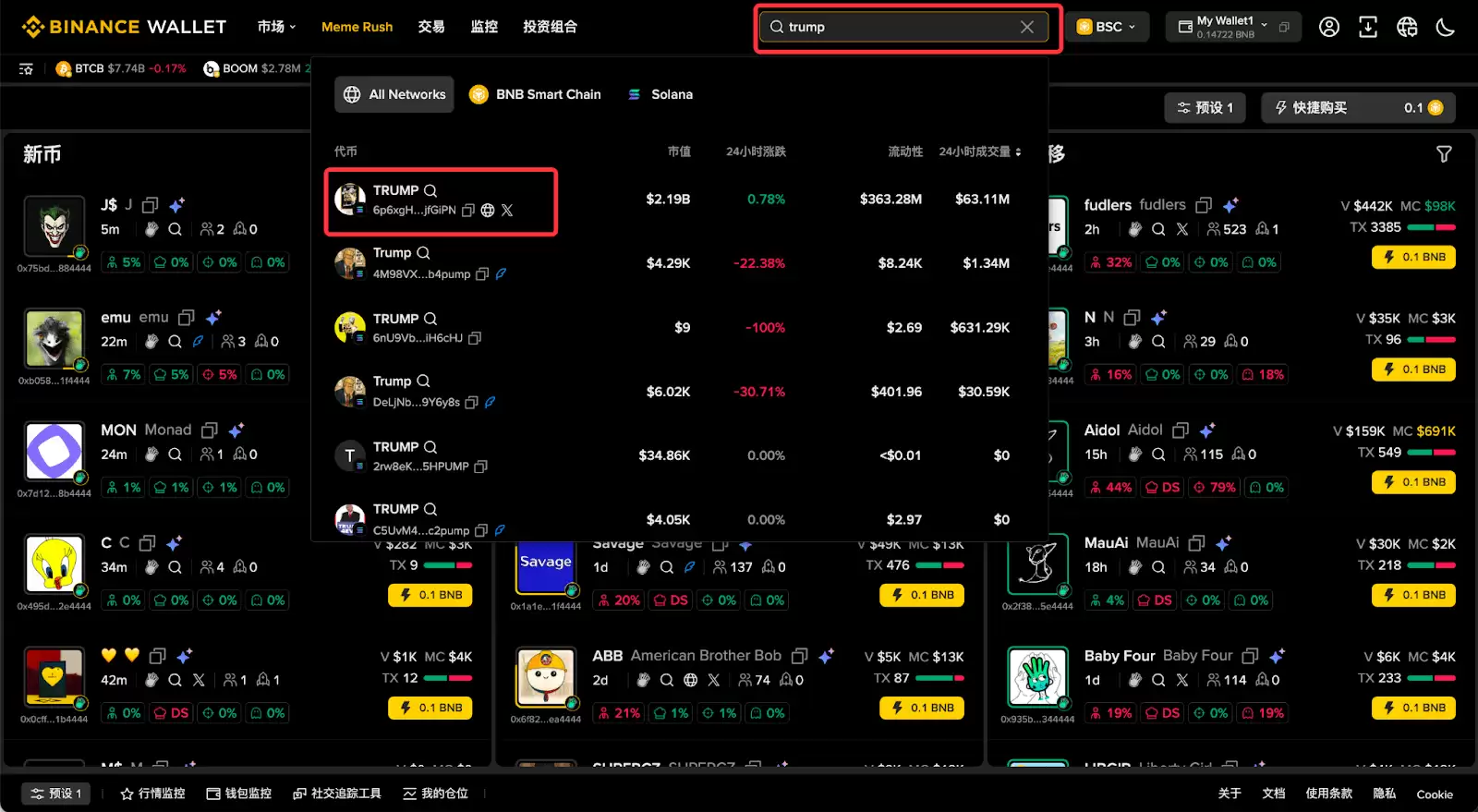 第二步：在币安wallet搜索并购买代币