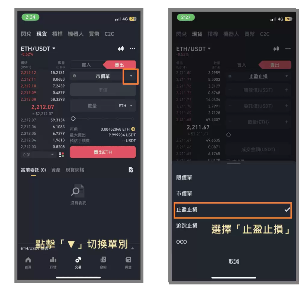币安现货市场如何出售以太坊:限价单、市价单、止盈止损单、追踪止损单、OCO单教学