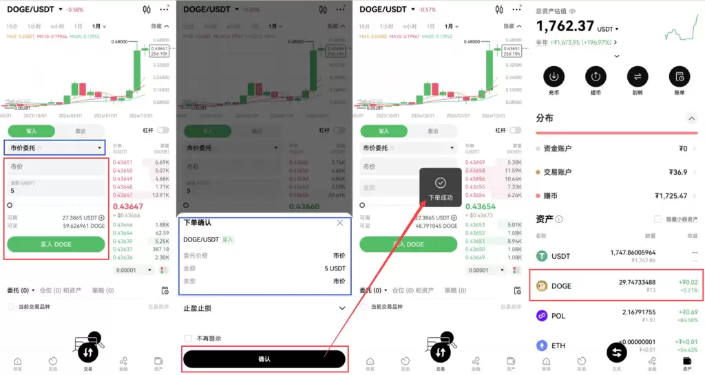 欧易交易所USDT现货交易购买、兑换狗狗币或其他币种操作教程