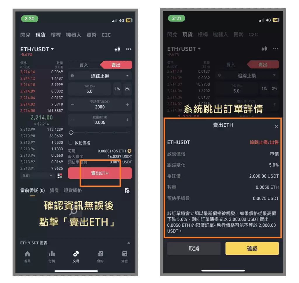 币安现货市场如何出售以太坊:限价单、市价单、止盈止损单、追踪止损单、OCO单教学