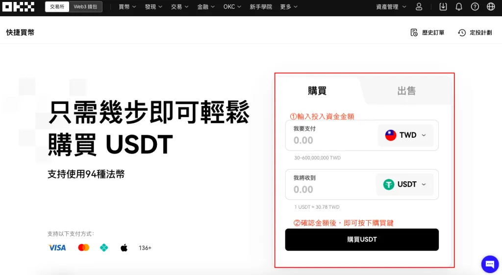 欧e交易所入金教学(web端):信用卡快捷买币、wallet转帐、C2C、大宗交易
