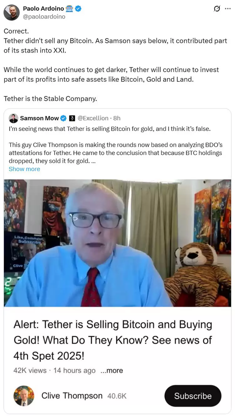 Tether持稳BTC，加码黄金土地