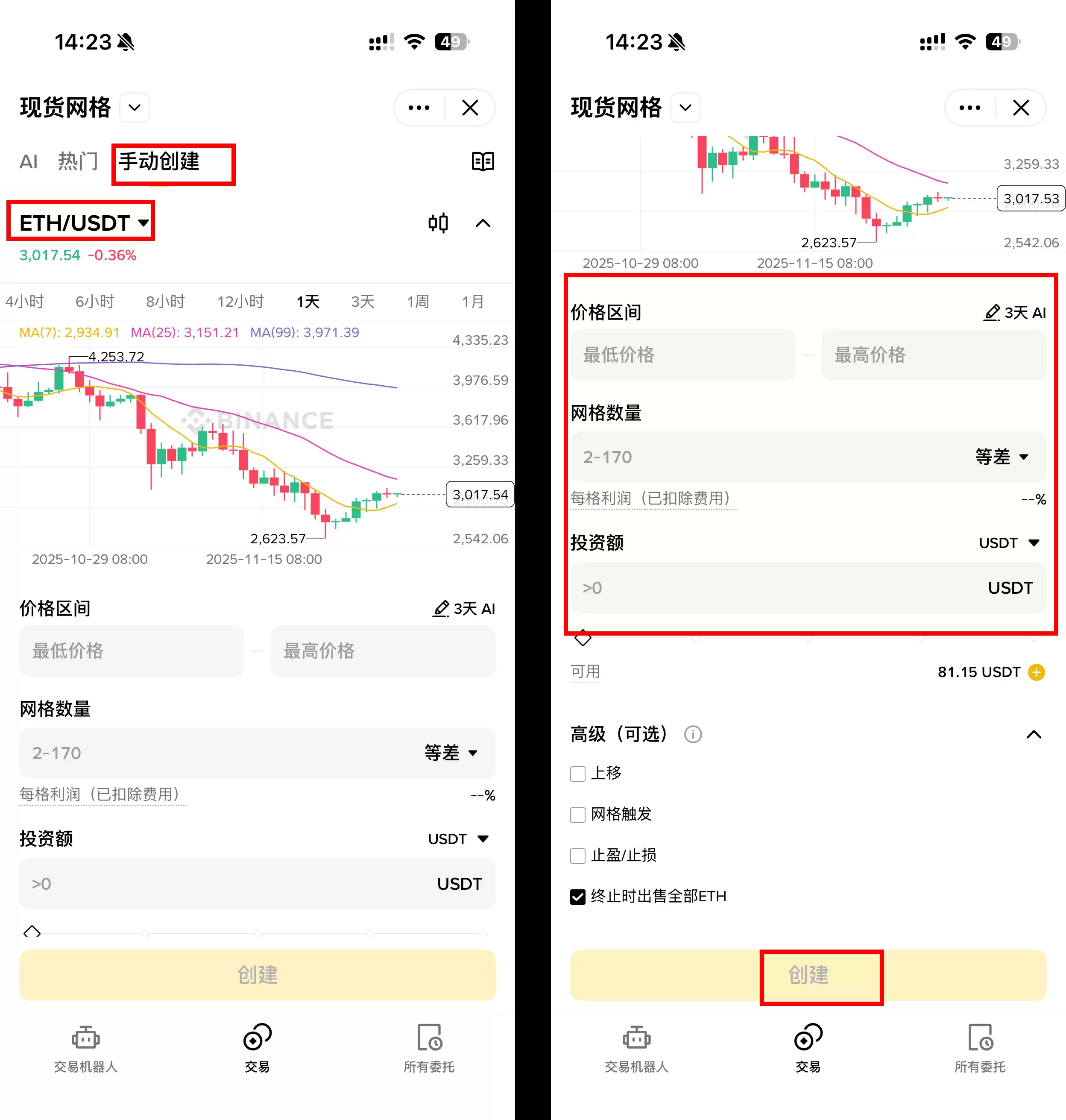 第三步：设置参数（区间、格数、资金）