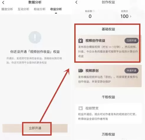 西瓜视频开通创作收益权限界面示意图