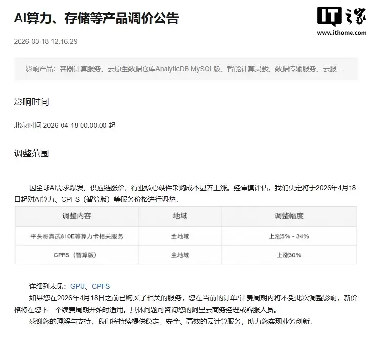 阿里云宣布下月涨价：平头哥真武 810E 等 AI 算力服务上涨 5~34%，文件存储产品 CPFS 上涨 30%