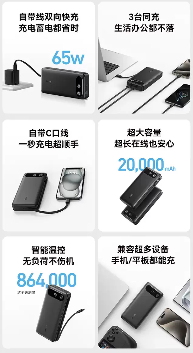 安克推出87W自带线20000mAh移动电源：2C+1A，169元