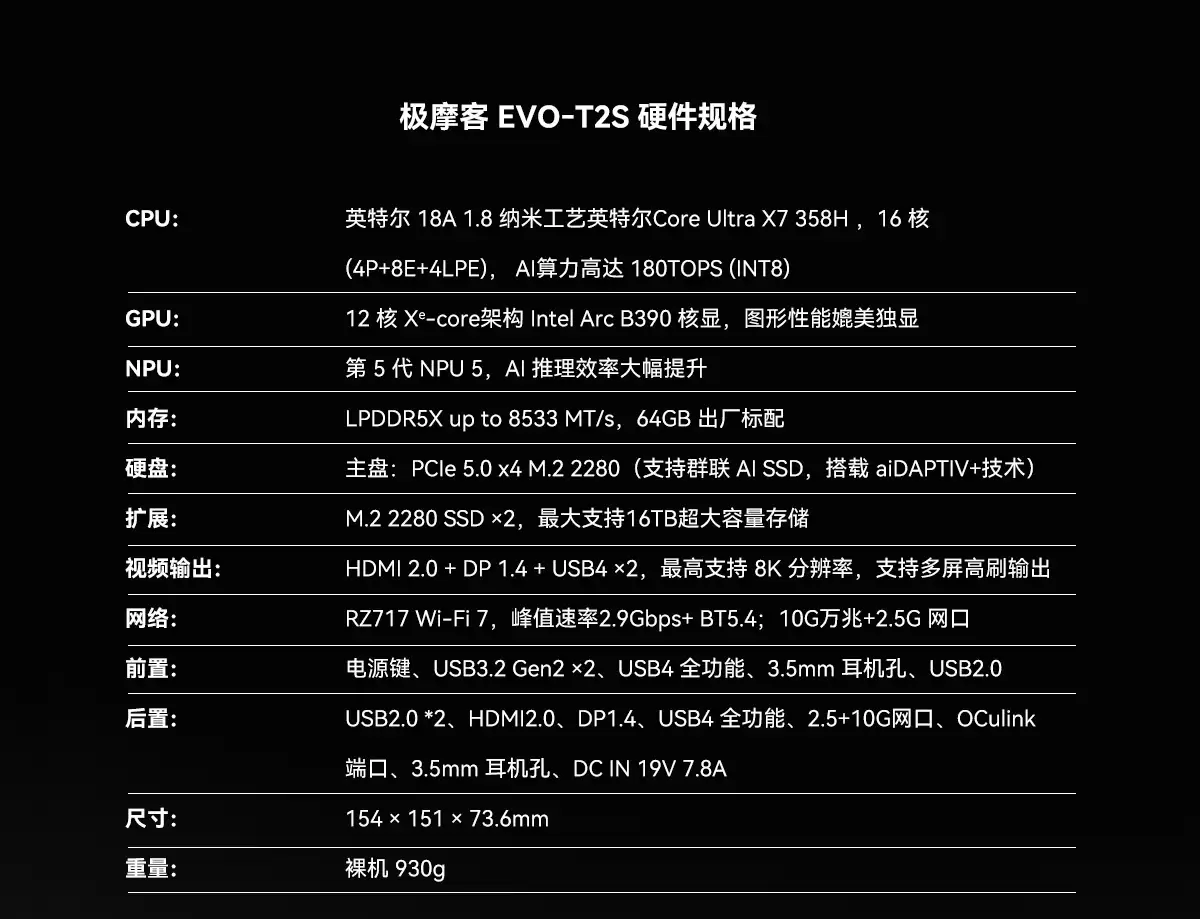 极摩客 EVO-T2S 迷你主机上市:搭载英特尔酷睿 Ultra X7 358H、64GB 内存 14999 元