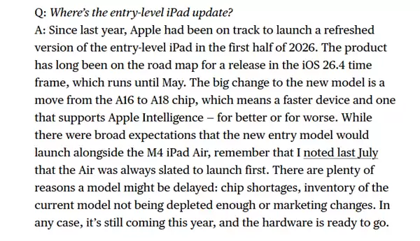 苹果最便宜平板要来了！升级A18芯片 支持AI