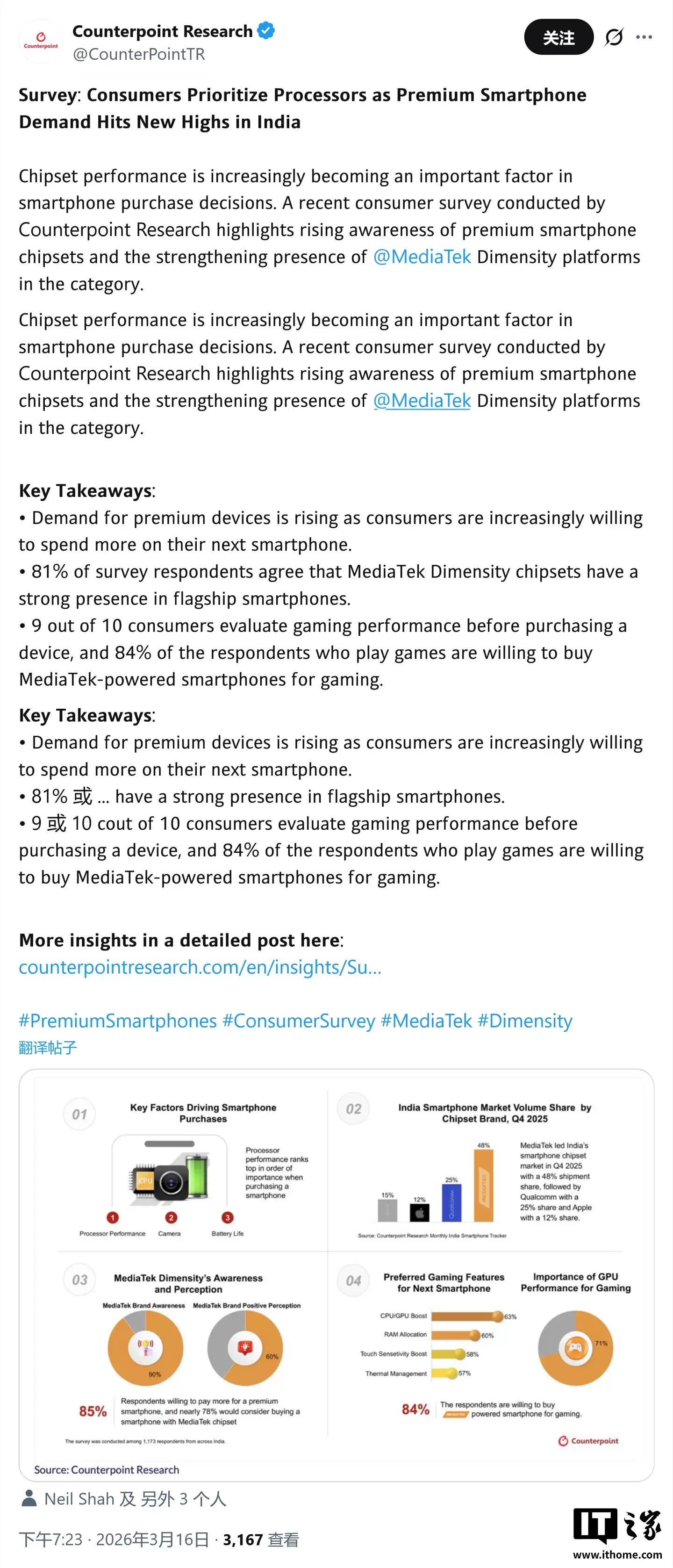 CounterPoint 称联发科高端化战略成效显著，2025Q4 印度手机市场斩获 48% 份额