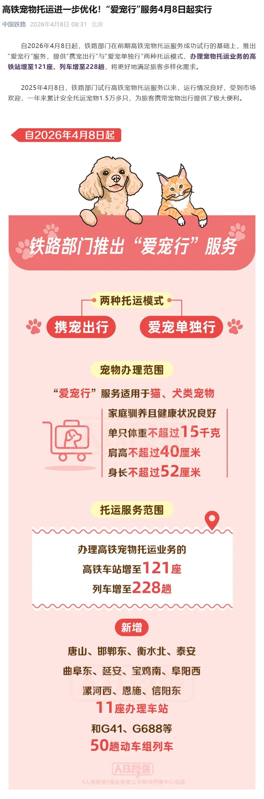 高铁宠物托运“爱宠行”服务正式推出，支持“携宠出行”与“爱宠单独行”