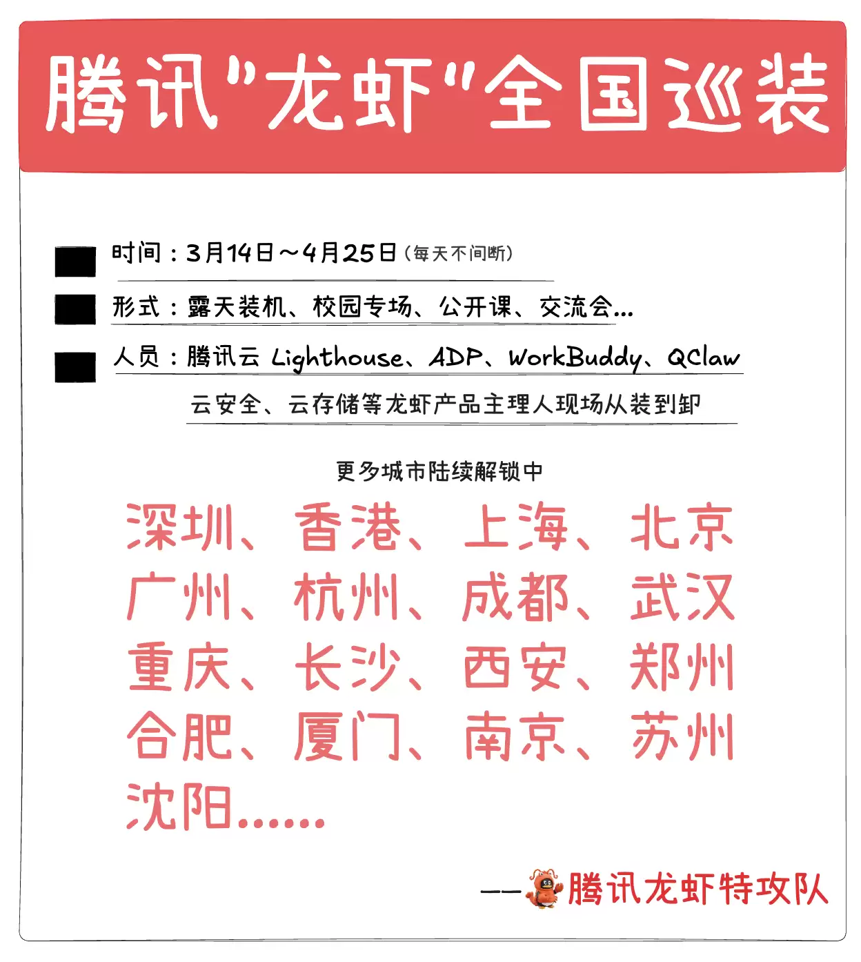 腾讯“龙虾”开启全国巡装：为用户免费安装，覆盖北上广深等全国 17 个城市
