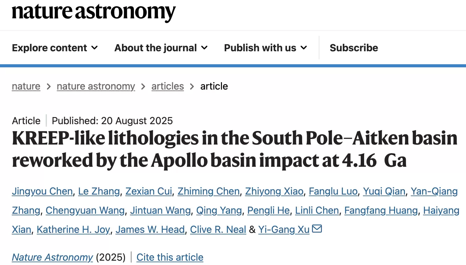 科学家测定月球阿波罗盆地形成于41.6亿年前