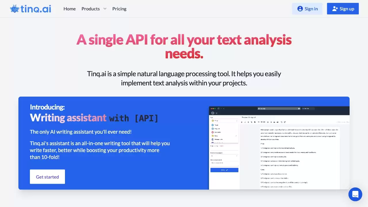 Tinq.ai – NLP API- Tinq.ai是一个提供文本分析和生成的人工智能工具包